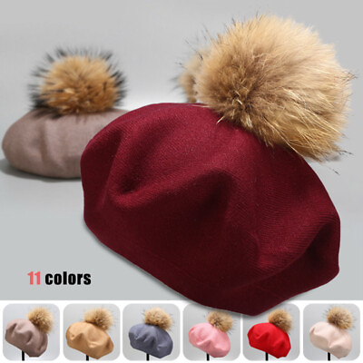 #ad Women Cashmere WOOL Knit Wool Beret Hat Lady 15CM Real Fur Pom Pom CAP $15.40