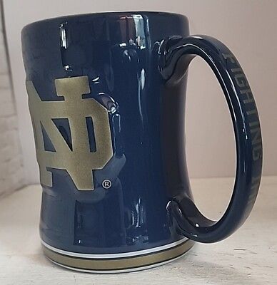 #ad Rare Vintage Embossed Notre Dame Fighting Irish Coffee Tea Mug Blue Gold Indiana $22.00