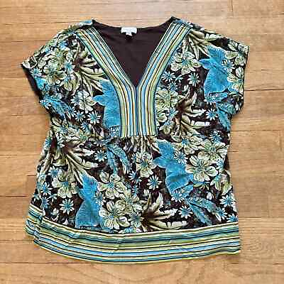 #ad Charter Club brown blue green floral cap sleeve blouse shirt top size 2X b13 $20.00