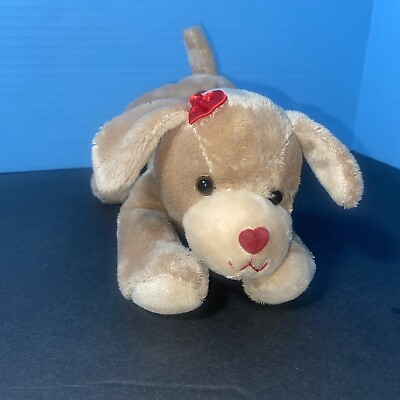 #ad Hallmark Plush Tan Dog Stuffed Animal Lab Heart Nose Red Bow Laying Toy Lovey 9quot; $3.49