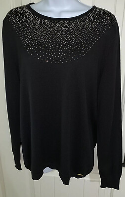 #ad NWT Calvin Klein Atlantis Black Pique Neck Pullover Sweater Studded Sz LARGE $21.59