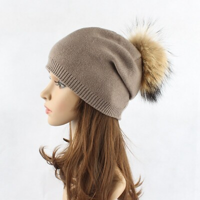 #ad Women Winter Warm Cashmere Wool Blend Knitted Real Fur Pom Pom Ball Beanie Hat $22.17