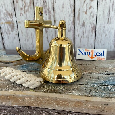 Brass Anchor Ship Bell w Rope Lanyard Nautical Wall Decor Tiki Bar $29.94