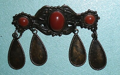 Antique Edwardian Art Nouveau Silver Plate Brooch Red Paste Stones Free Shipping $74.95