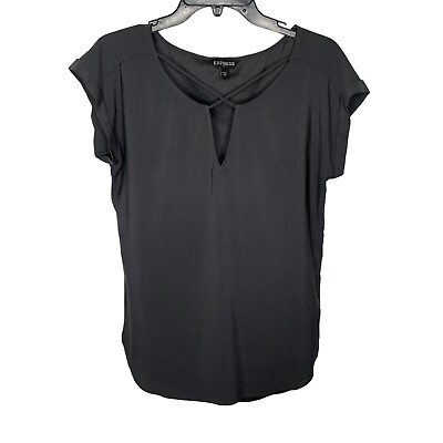 #ad Express Top Womens Medium Dark Gray Cap Sleeve Criss Cross Keyhole Blouse Shirt $14.99