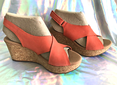 #ad New Clarks Annadel Eirwyn Wedge Sandals Shoe Size 6M Coral Nubuck Leather NWOB $19.99