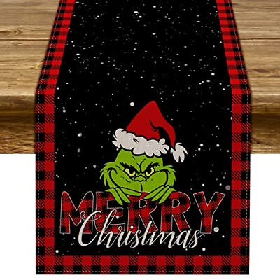 #ad Merry Christmas Table Runner Grinchmas Buffalo Plaid Check Winter Holiday Party $8.85