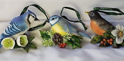 #ad VINTAGE COLORFUL EXOTIC LOT OF 3 BIRD PORCELAIN FIGURINES W ROSE. $29.00