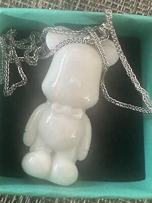 #ad 925 Natural Jade Carved Teddy Bear Necklace 20” Sterling Silver 68 Ct Gift Fun $89.10