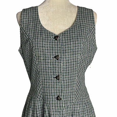 #ad Vintage Isar Trachten German Dirndl Dress M Green Plaid Pewter Buttons Pockets $94.47