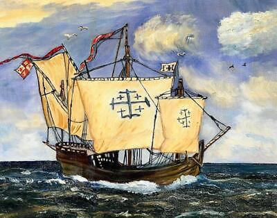 Vintage Oil Painting Christopher Columbus Ship The Nina Seascape Ocean Nautical $86.25