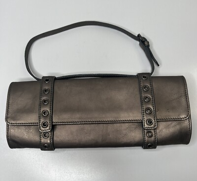 Donald J Pliner Couture Clutch Metallic Pewter Leather Grommet Adjustable Strap $26.00