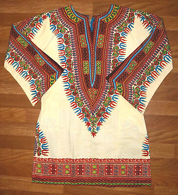 #ad Colorful Cotton Tribal Print Tunic Shirt siz 10 Med Ethnic Boho Print Hippie YF $42.95