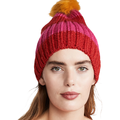 #ad Hat Attack Red Pink Striped Knit Real Fur Pom Pom Beanie Cap winter NWT Barbie $47.95