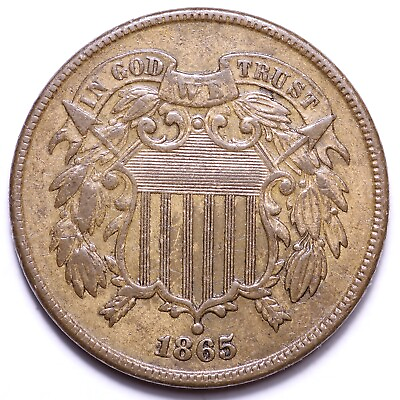1865 FANCY 5 Two Cent Piece CHOICE AU UNC RARE E447 YEM $118.80