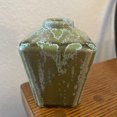 #ad Small Square Studio Pottery Vase Olive Green Glazes Crystalline Reactive 3.5quot; $15.99