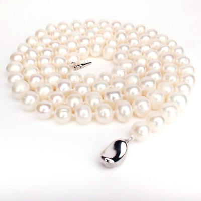 #ad Real Pearl Necklace Choker Long White Natural Bead Knotted Silver Clasp Gift $15.99