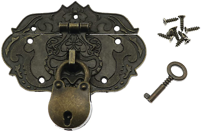#ad Antique Embossing Decorative Brass Hasp Clasp Latch Lock Screws Jewelry Box $7.63