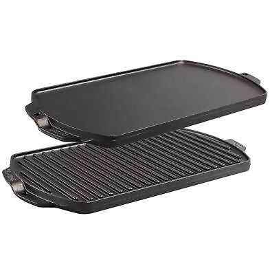 #ad Reversible Cast Iron Grill Griddle Pan Ribbed Flat Hamburger Stove Top Fry Black $37.79