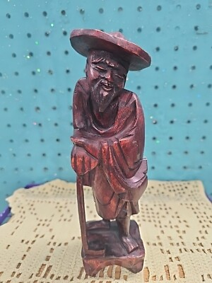 #ad Vintage Asian Boxwood Handcarved Statue Figurines Of Elderly Man With Hat amp; Cane $16.55
