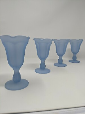 #ad Vintage Blue Satin Frosted Glass Ruffled Edge Vase Icecream Sundae Cups 4 tota $75.00