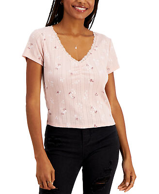 #ad Pink Rose Women#x27;s Juniors#x27; Printed Pointelle T Shirt Medium Sweet Rose Ditsy $24.00