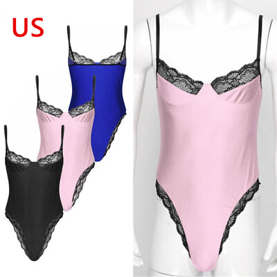 #ad US Mens Lace Trimming Bodycon Bodysuit Sissy Adjustable Spaghetti Strap Lingerie $10.75