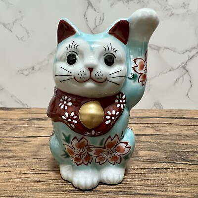 #ad Maneki Neko Beckoning Lucky Cat Kutani Ware Porcelain Blue Cherry Blossoms $83.12