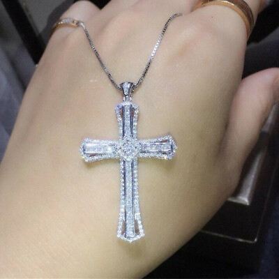 #ad Fashion Cross Jewelry Cubic Zircon 925 Silver Filled Necklace Pendant Party Gift C $3.49