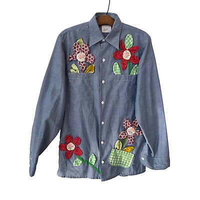 JCPenney Handmade Floral Applique Chambray Shirt Women S Tall Owl Embroidered $37.49