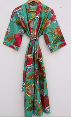 #ad Indian Green Long Bird Cotton Hippie Maxi Women Nightwear Caftan Dress Kimono $21.56
