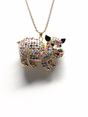 #ad Betsey Johnson Necklace Gold Pig Multi Color Crystals Gift Box Organza Bag Lk $23.95