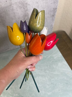 #ad Vintage Colorful wooden Tulip Bouquet Decor Spring mothers day gift $89.99