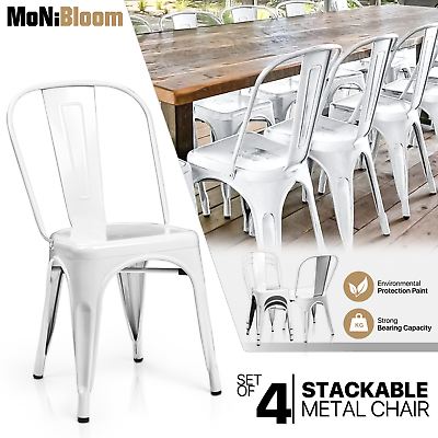 #ad White 4 PACK STACKABLE METAL SIDE CHAIR SET Canteen Bar Pub Restaurant Iron Seat $141.99