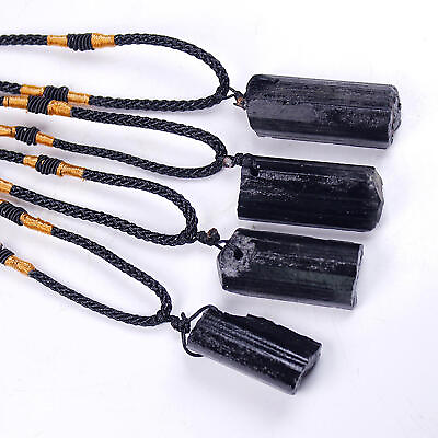 #ad Natural Crystal Black Original Stone Pendant With Hand Braided Rope $7.97