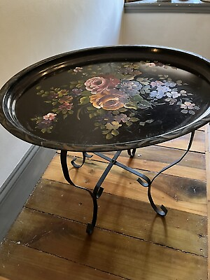 Vintage Hand Painted Roses amp; Garden Flowers Oval Tole Tray Table Metal Base $134.99
