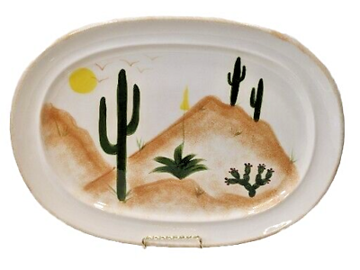 #ad Arizona Folk Art Serving Platter Oval Saguaro Cactus Desert VTG Handmade Painted $17.68