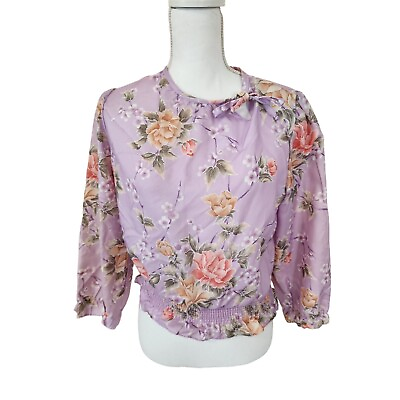 #ad Vintage 70s Chain Reaction Purple Floral Long Sleeve Shirt M Blouson Blouse $34.97