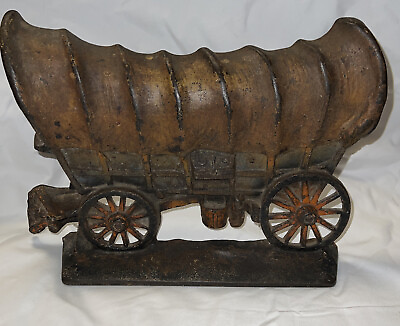 #ad Antique Heavy Cast Iron Door Stop Old West Covered Carriage Wagon 12” $215.00
