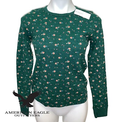#ad AE Outfitters Size M GREEN Long Sleeve Shirt Floral Pattern ONLY $10.00 $10.00