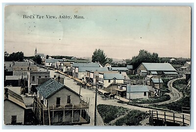 #ad 1908 Bird#x27;s Eye View Horses And Wagon Ashby Minnesota MN Antique Postcard $39.95