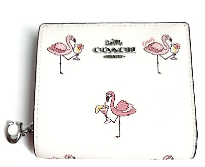Coach Snap Wallet with Flamingo Print Silver Chalk Pink Multi Smooth Leather NWT $99.00