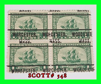 US Scott 548 Block Of 4 1920 1c Pilgrim Tercentenary PreCancel Worcester Mass $24.99