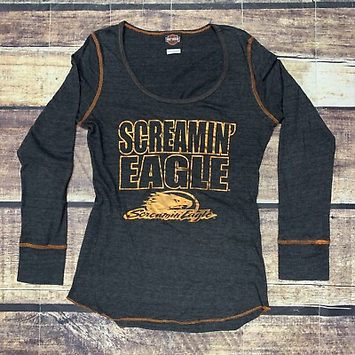#ad Harley Davidson Screamin’ Eagle Pullover Shirt Woman’s Sz Large Dark Gray Orange $10.46