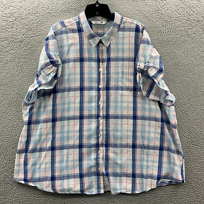 #ad Riders by Lee Shirt Womens 3X Button Up Blouse Top Plaid Short Sleeve Blue White $12.95