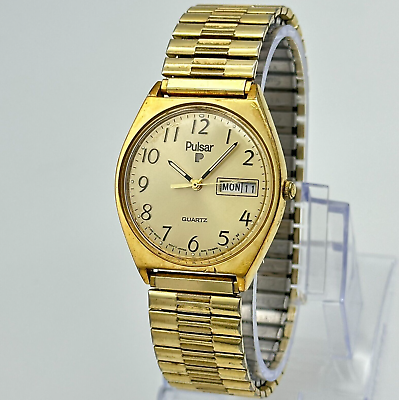#ad Men#x27;s PULSAR Gold Tone Classic Day Date Quartz Flex Band Watch 34mm Y148 8009 $29.99