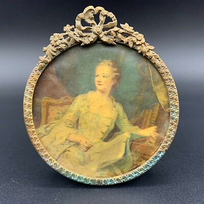 Art Nouveau French Chatelain Lady Portrait Painting Round Gilt Brass Bow Frame $188.99