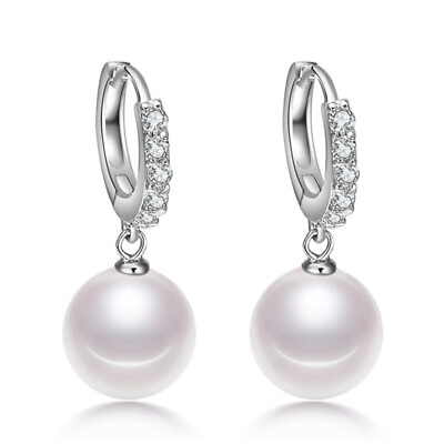 #ad Pearl Drop Dangle 925 Sterling Silver Crystal Huggie Earrings Women Jewelry Gift $7.51