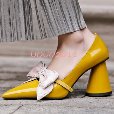 #ad Womens Block High Heel Pointy Toe Pumps Patent Leather Bowknot OL Slip On Shoes $76.31