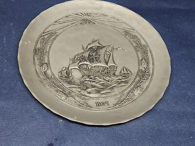 Vintage 1971 Wendell August Pewter Forge USA Commemorative Plate Columbus#x27; Ship $14.99